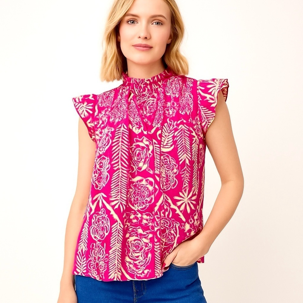BiBi Women's Bold Pink Paisley Print Smocked Cap Sleeves Flowy Relaxed Tribal L